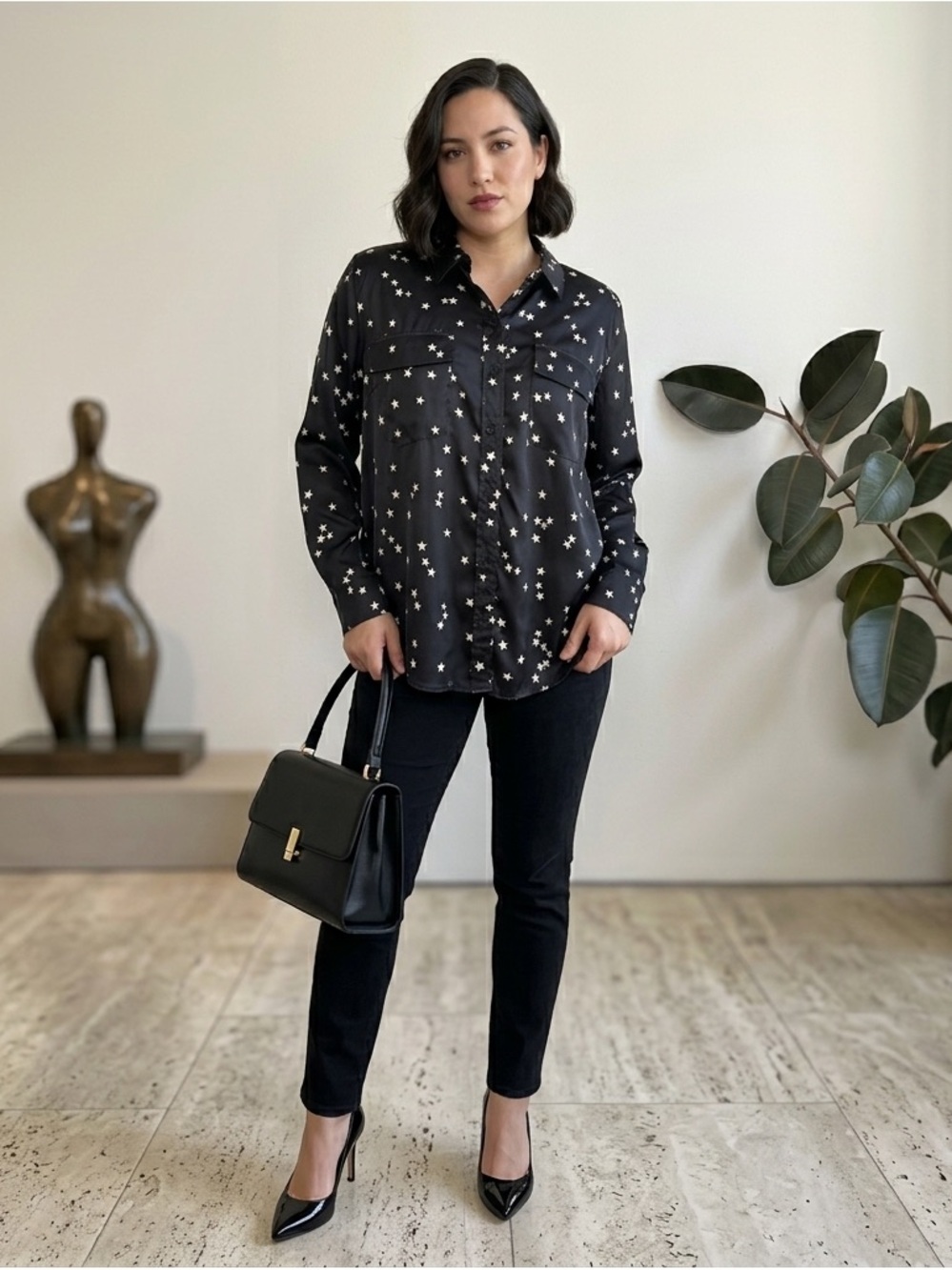 Equipment Satin Star Print Button Down Blouse L